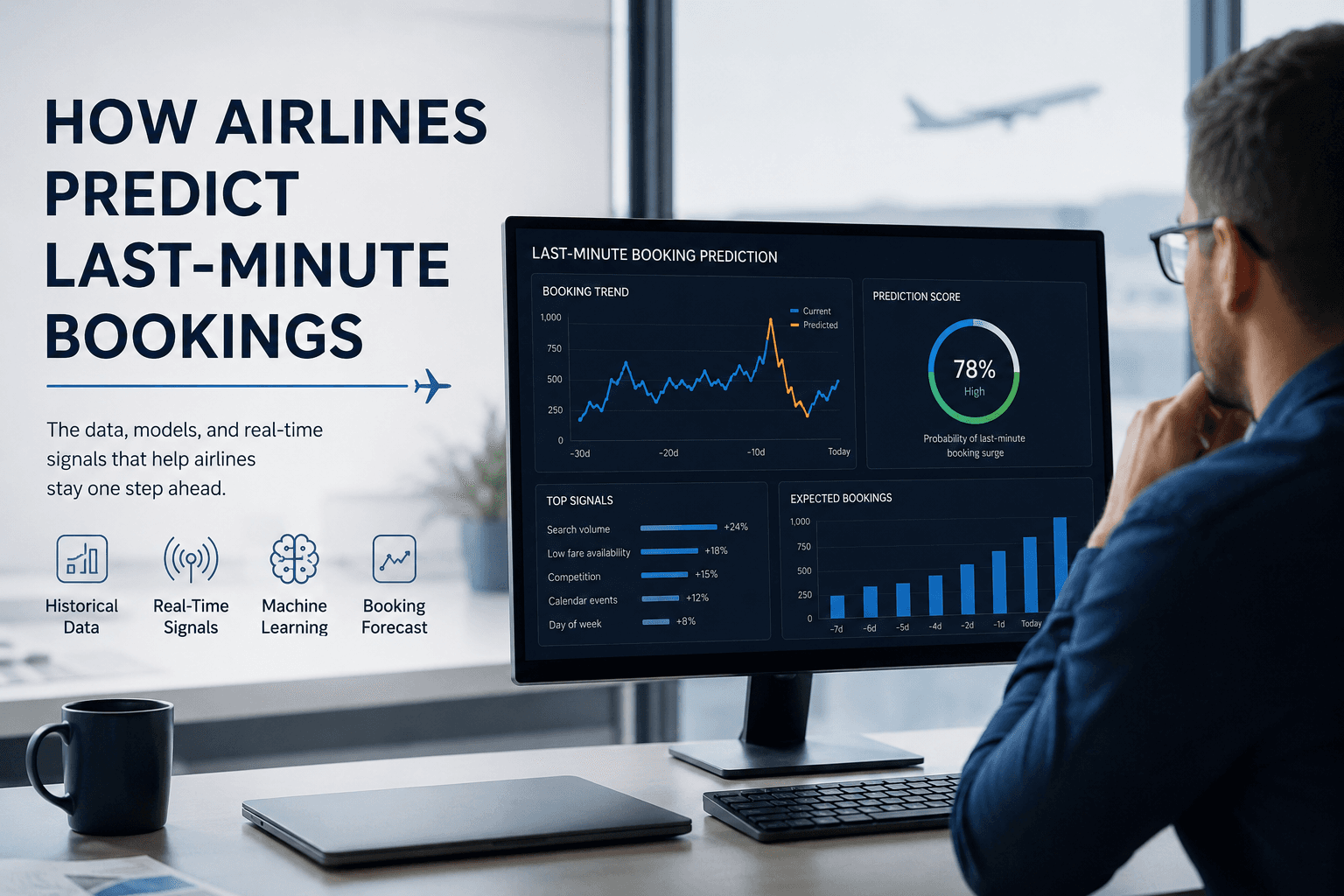 A professional airline analytics dashboard displays charts and predictive models for forecasting last-minute flight bookings, illustrating how airlines use historical data, real-time signals, machine learning, and booking trends to optimize demand and pricing.
