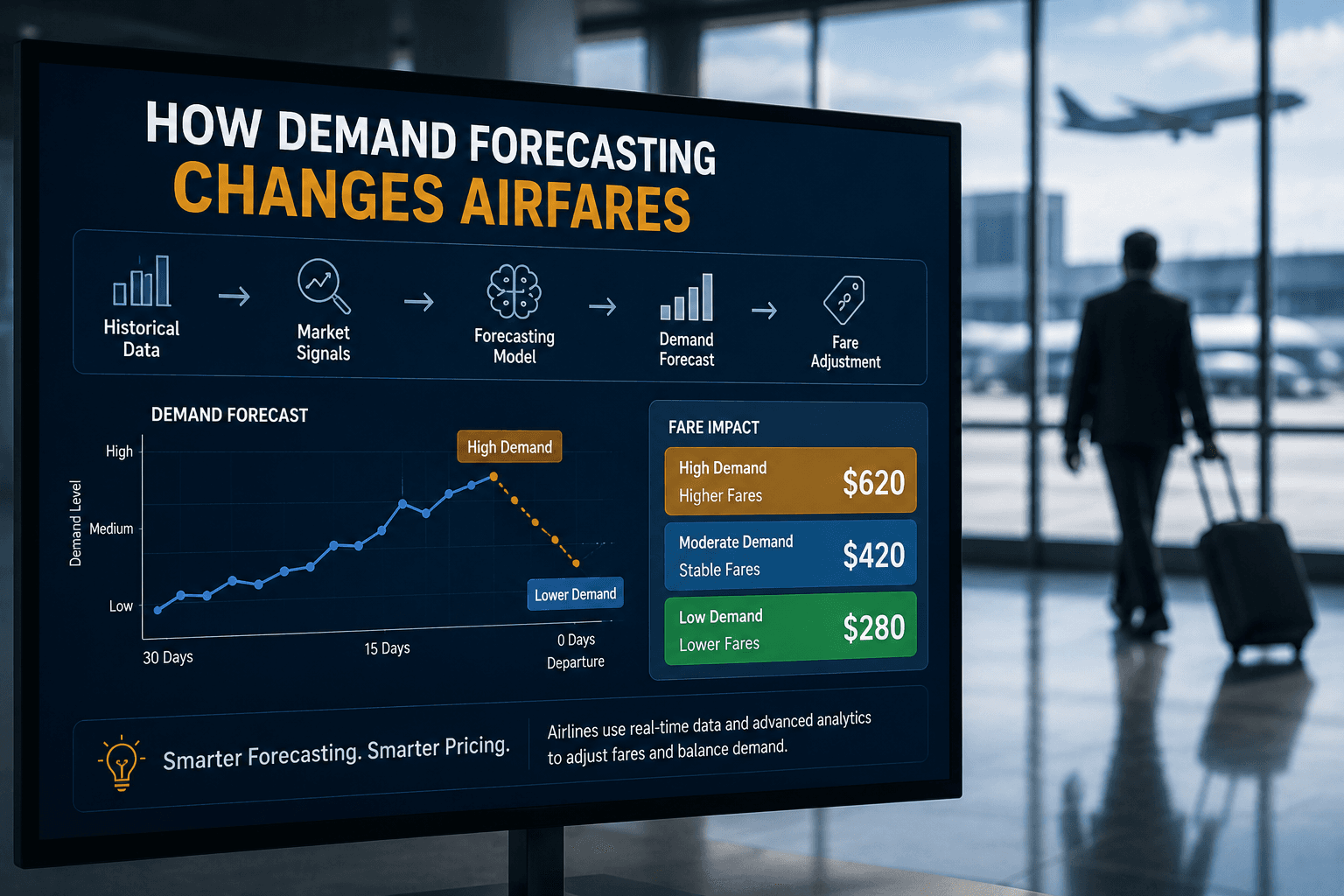 A modern airport display illustrates how demand forecasting influences airline ticket prices, showing historical data, market signals, forecasting models, demand trends, and dynamic fare adjustments through charts, icons, and pricing examples.